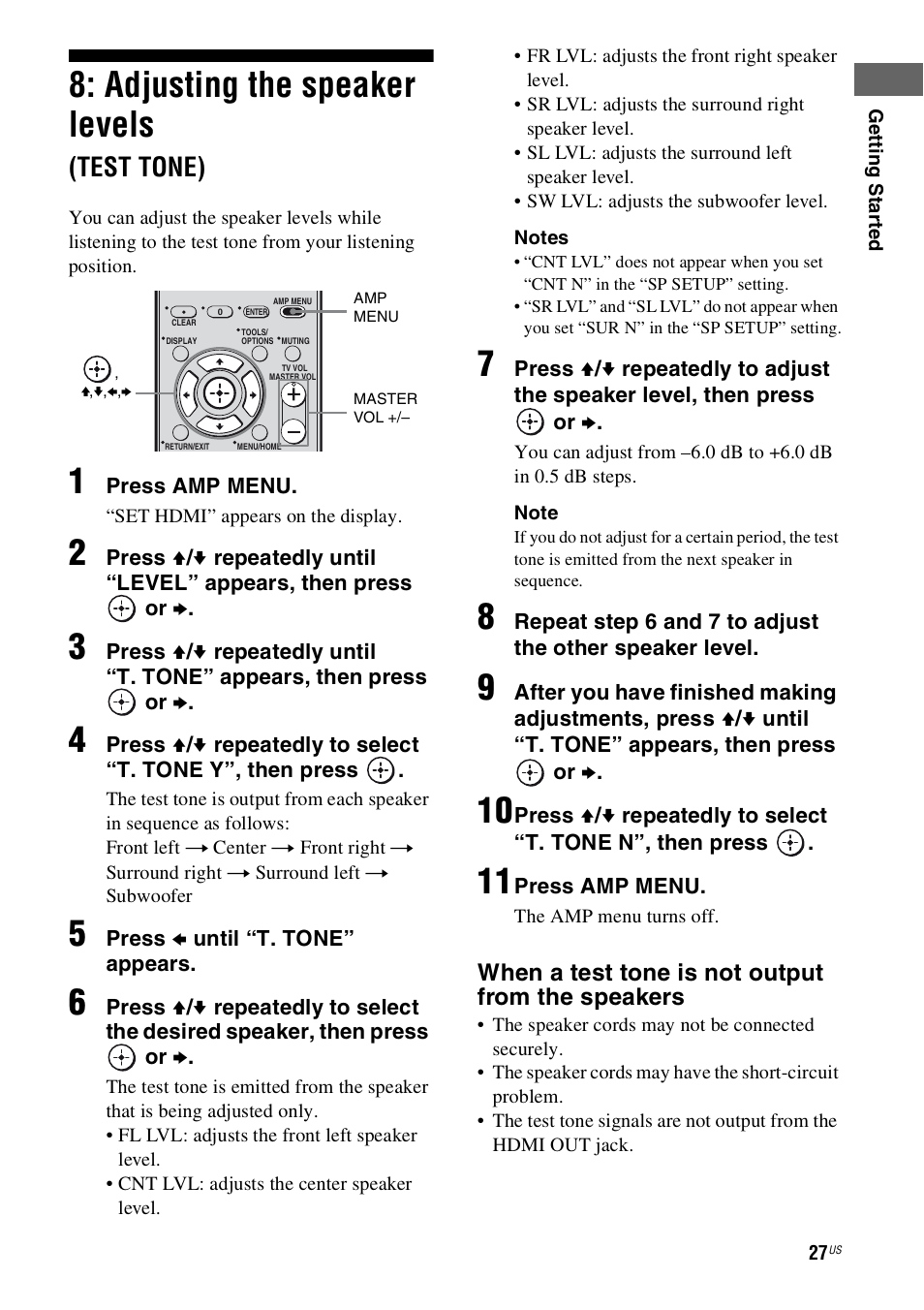 Adjusting the speaker levels (test tone), Adjusting the speaker levels, Test tone) | Sony 4-130-033-13(1) User Manual | Page 27 / 72