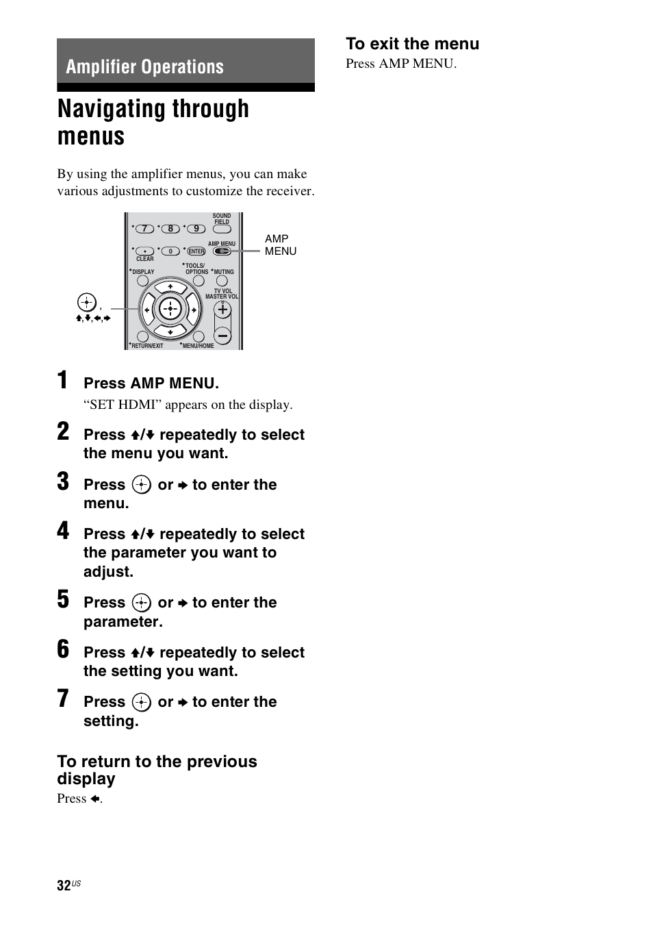 Amplifier operations, Navigating through menus | Sony 4-130-033-13(1) User Manual | Page 32 / 72