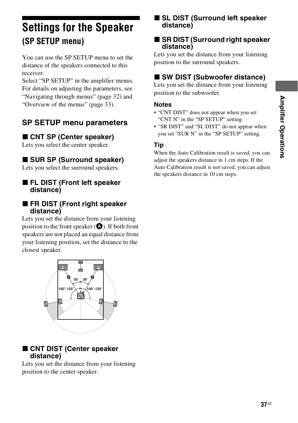 Settings for the speaker (sp setup menu), Settings for the speaker, Sp setup menu) | Sp setup menu parameters | Sony 4-130-033-13(1) User Manual | Page 37 / 72