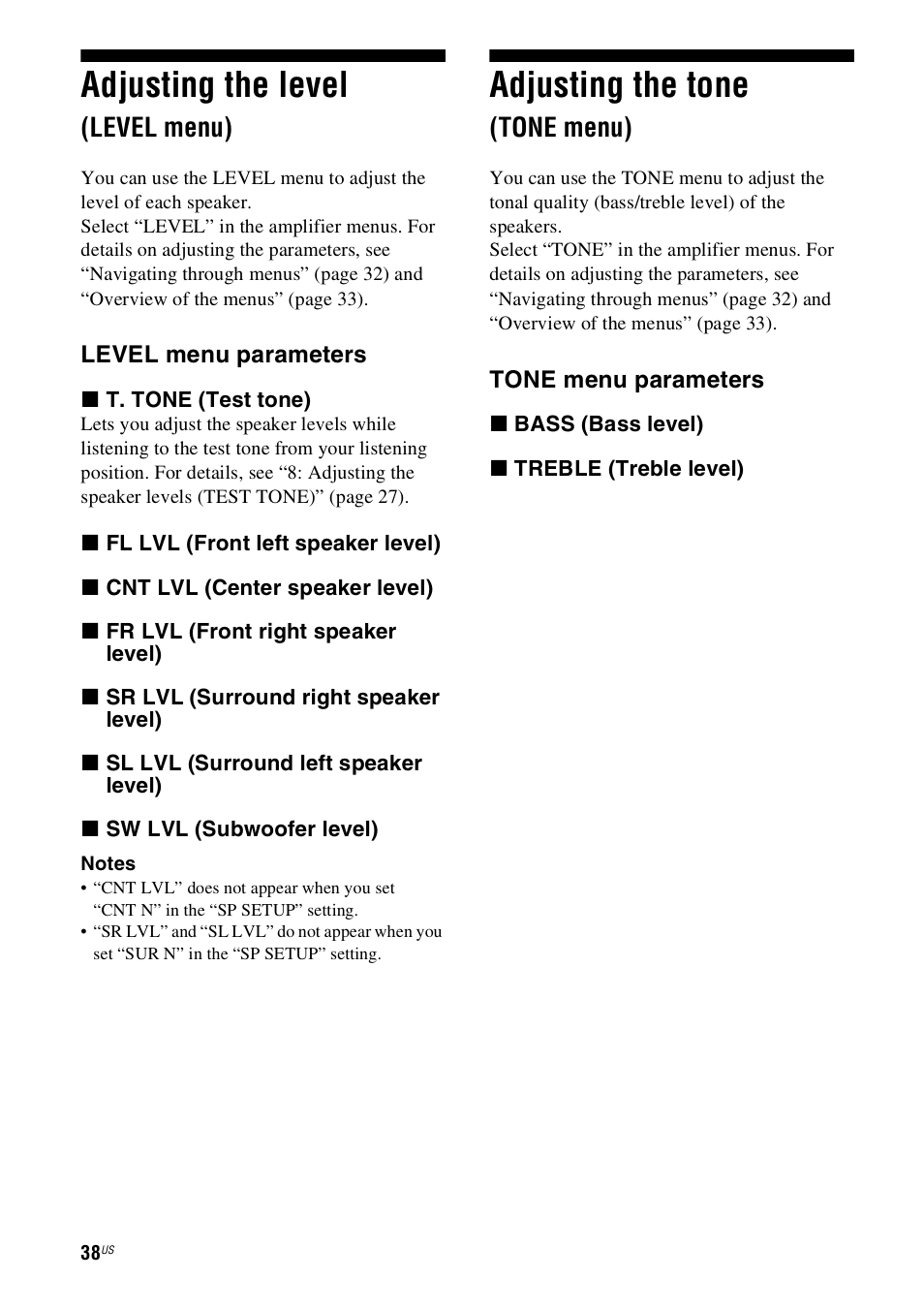 Adjusting the level (level menu), Adjusting the tone (tone menu), Adjusting the level | Adjusting the tone, Level menu), Tone menu) | Sony 4-130-033-13(1) User Manual | Page 38 / 72