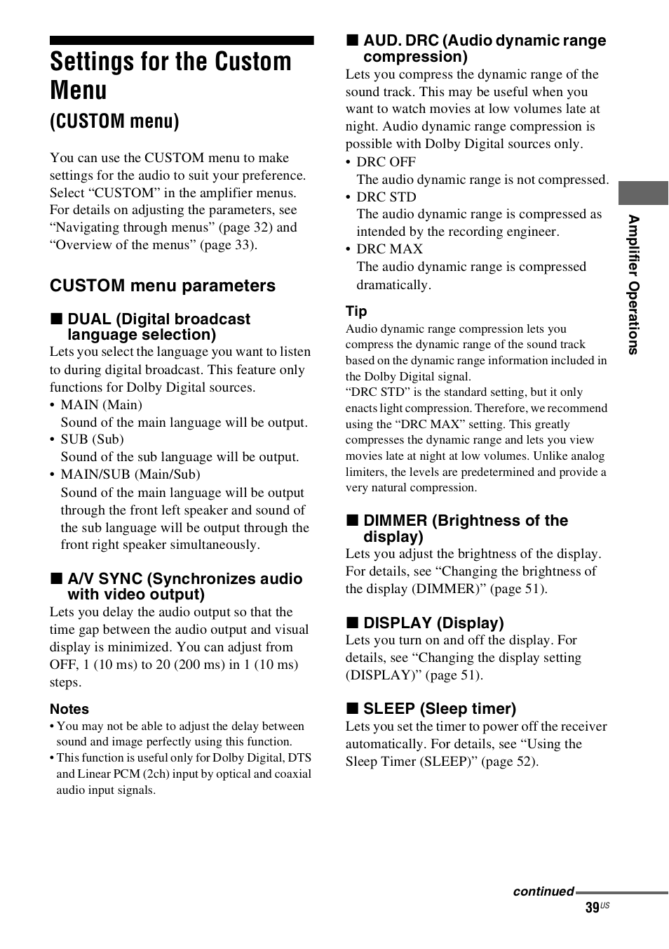 Settings for the custom menu (custom menu), Settings for the custom menu, Custom menu) | Sony 4-130-033-13(1) User Manual | Page 39 / 72