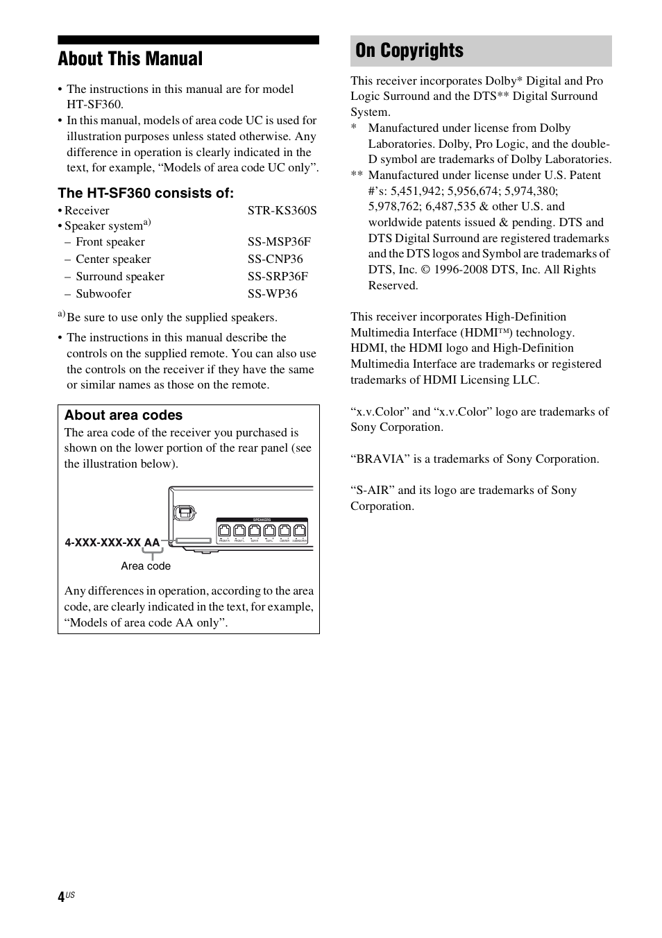 About this manual, On copyrights, The ht-sf360 consists of | About area codes | Sony 4-130-033-13(1) User Manual | Page 4 / 72