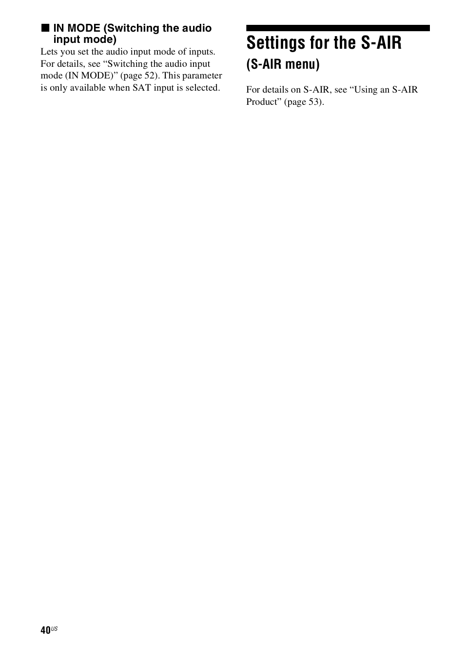 Settings for the s-air (s-air menu), Settings for the s-air | Sony 4-130-033-13(1) User Manual | Page 40 / 72