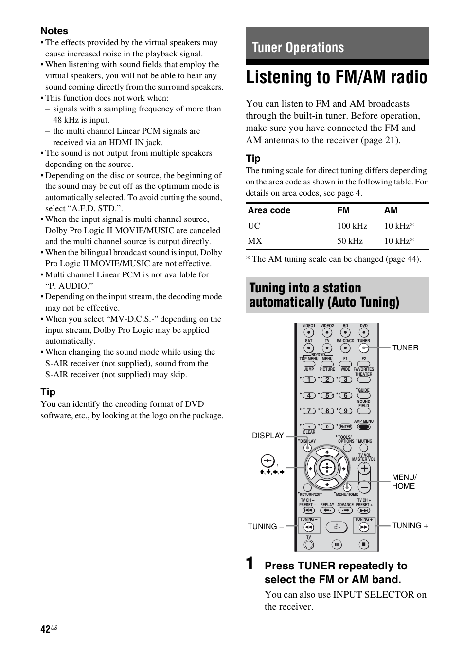 Tuner operations, Listening to fm/am radio, Tuning into a station automatically (auto tuning) | Press tuner repeatedly to select the fm or am band, You can also use input selector on the receiver | Sony 4-130-033-13(1) User Manual | Page 42 / 72