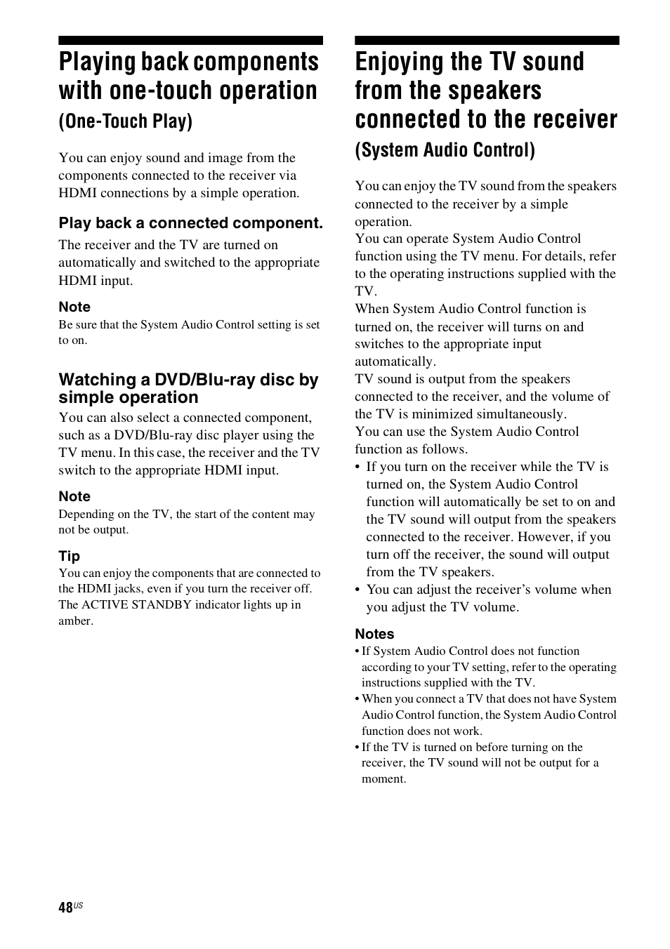 Playing back components with one-touch, Operation (one-touch play), Enjoying the tv sound from the speakers | Connected to the receiver, System audio control), Playing back components with one-touch operation, One-touch play) | Sony 4-130-033-13(1) User Manual | Page 48 / 72