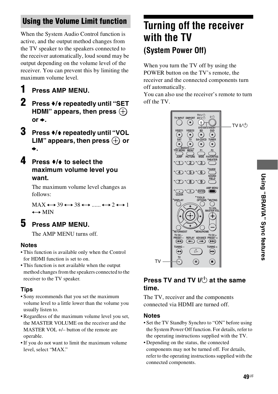 Turning off the receiver with the tv, System power off), Using the volume limit function | Press amp menu, Press tv and tv ? / 1 at the same time, Tips | Sony 4-130-033-13(1) User Manual | Page 49 / 72