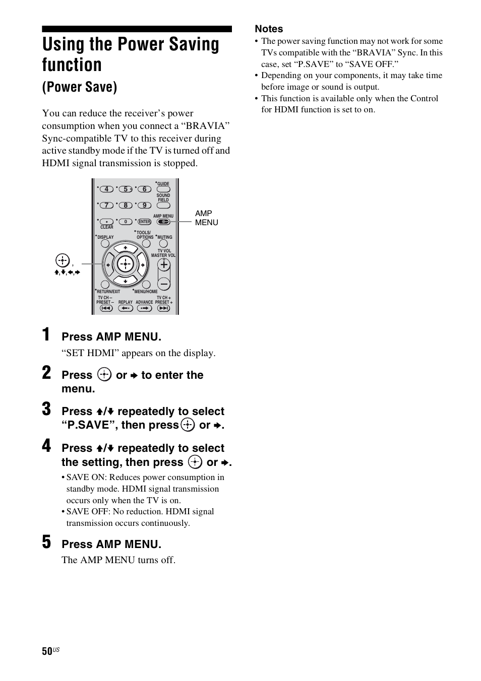 Using the power saving function (power save), Using the power saving function, Power save) | Press amp menu, Press, Or b to enter the menu, Or b | Sony 4-130-033-13(1) User Manual | Page 50 / 72