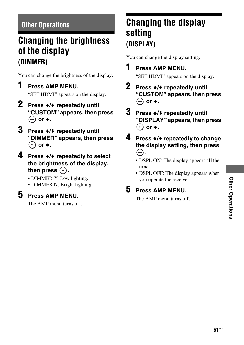 Other operations, Changing the brightness of the display (dimmer), Changing the display setting (display) | Changing the brightness of the display, Dimmer), Changing the display setting | Sony 4-130-033-13(1) User Manual | Page 51 / 72