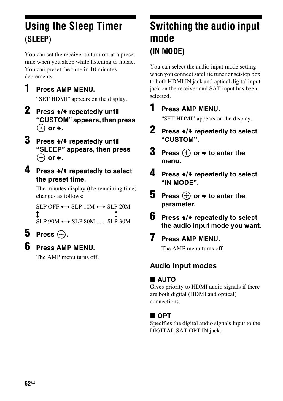 Using the sleep timer (sleep), Switching the audio input mode (in mode), In mode) | Using the sleep timer, Switching the audio input mode | Sony 4-130-033-13(1) User Manual | Page 52 / 72
