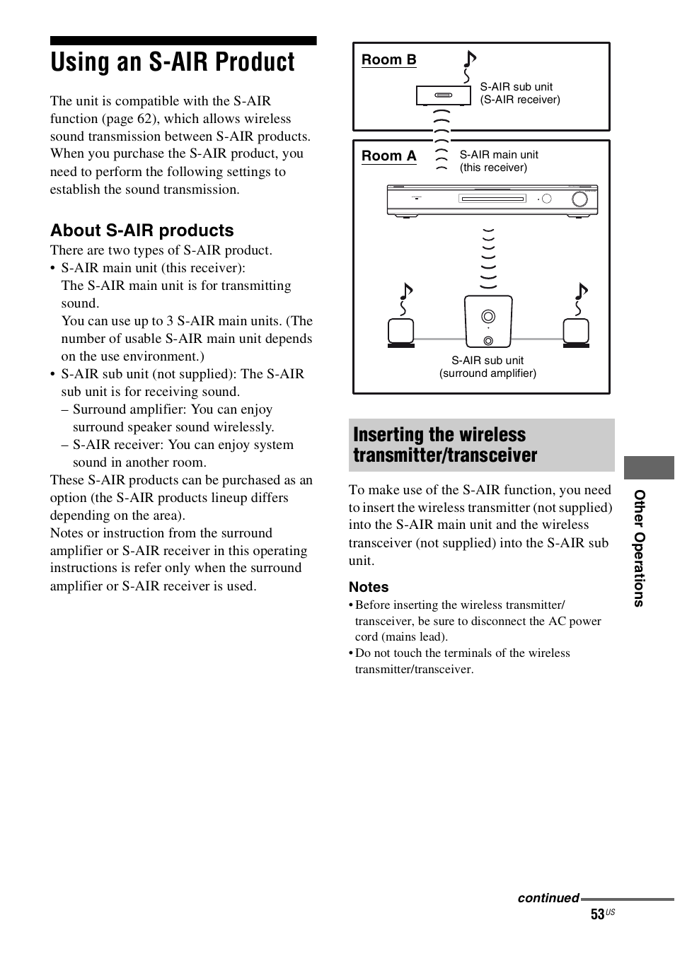 Using an s-air product, Inserting the wireless transmitter/transceiver, About s-air products | Sony 4-130-033-13(1) User Manual | Page 53 / 72