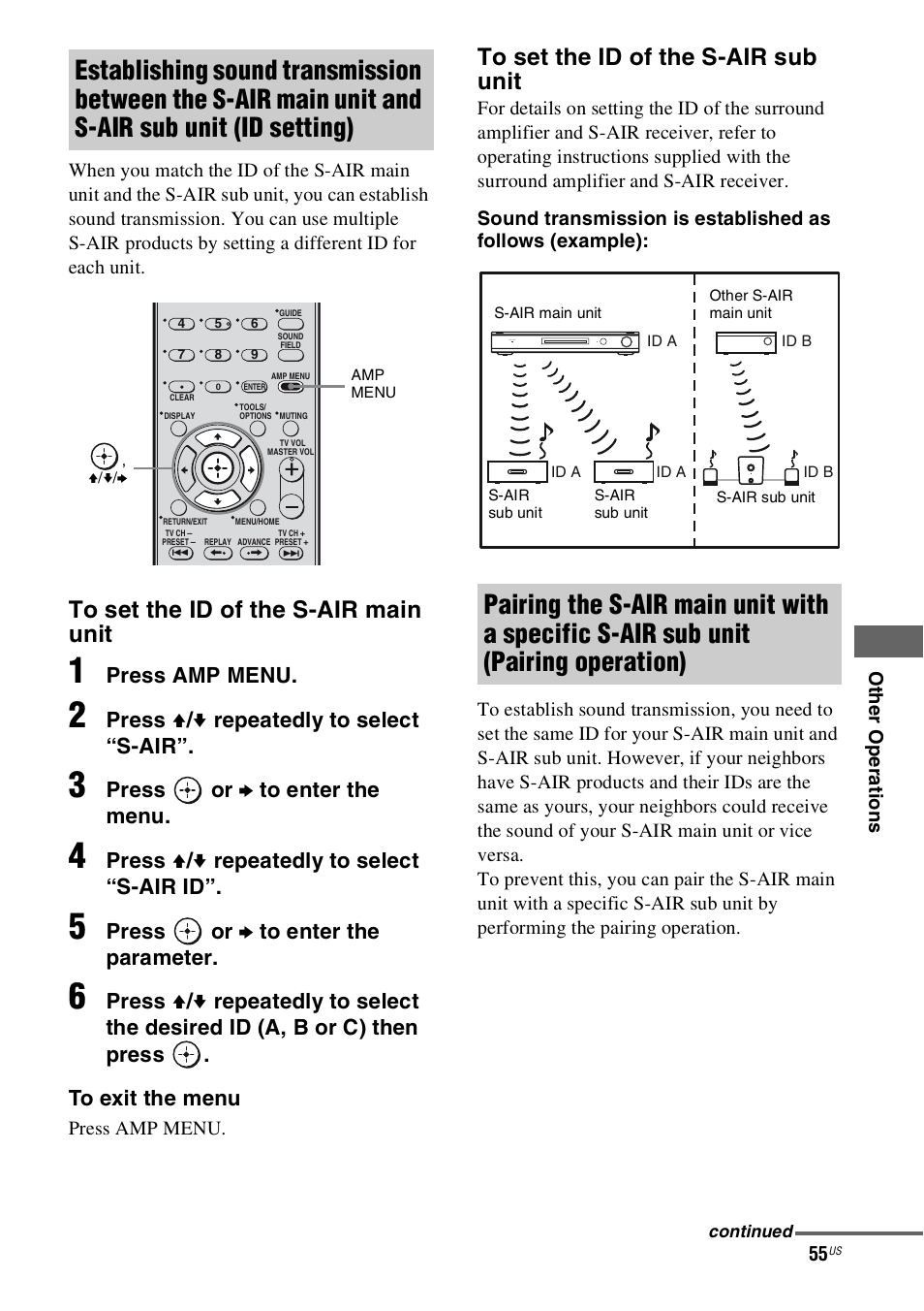Press amp menu, Press v / v repeatedly to select “s-air, Press or b to enter the menu | Press v / v repeatedly to select “s-air id, Press or b to enter the parameter | Sony 4-130-033-13(1) User Manual | Page 55 / 72