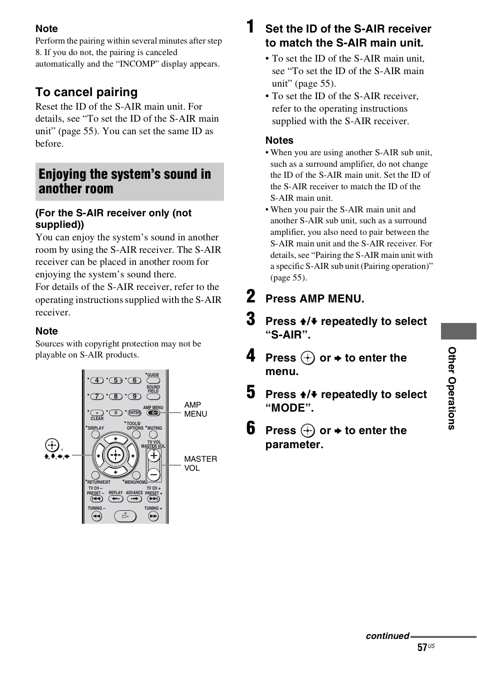 Enjoying the system’s sound in another room, Press amp menu, Press v / v repeatedly to select “s-air | Press or b to enter the menu, Press v / v repeatedly to select “mode, Press or b to enter the parameter | Sony 4-130-033-13(1) User Manual | Page 57 / 72