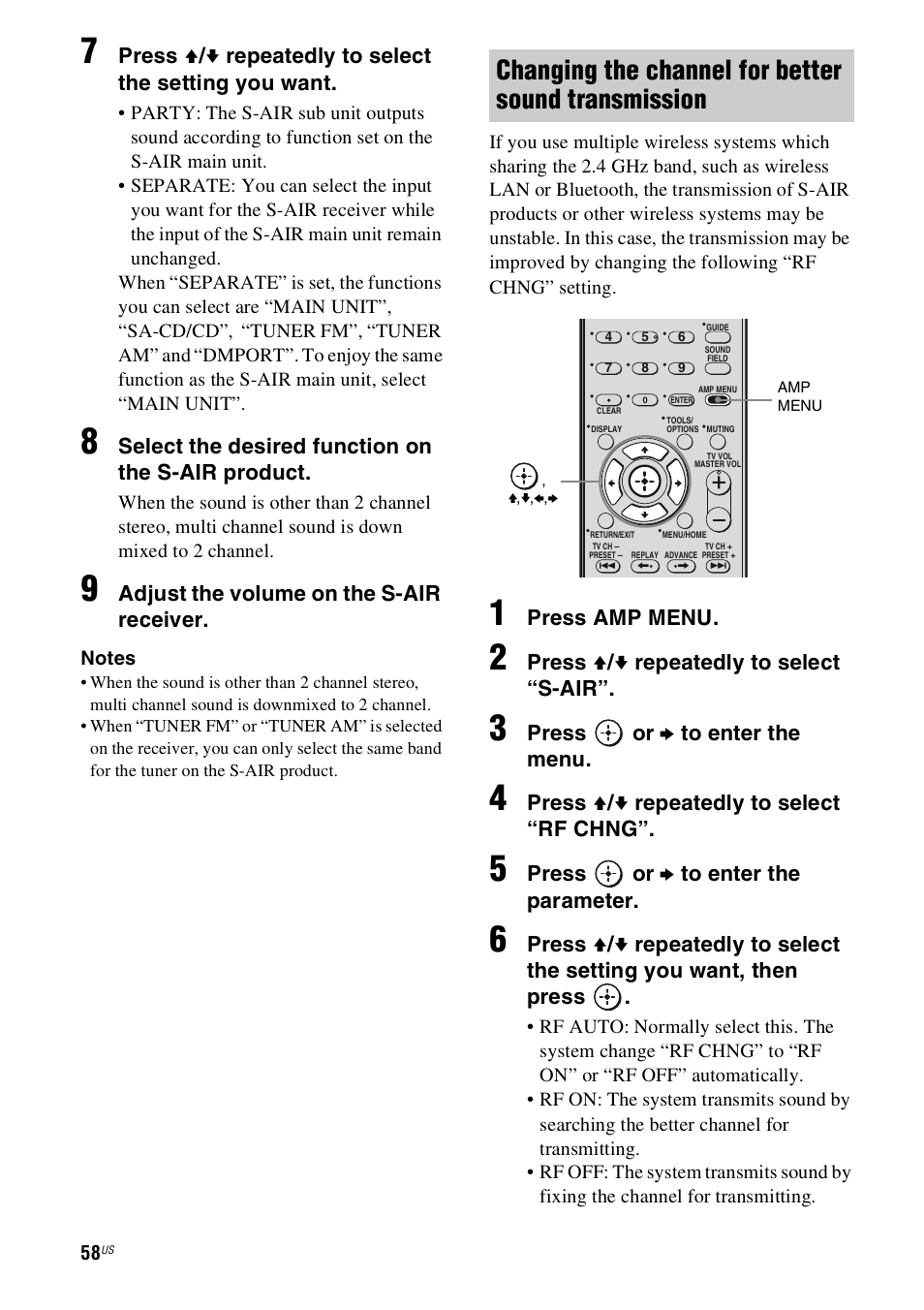 Changing the channel for better sound transmission, Select the desired function on the s-air product, Adjust the volume on the s-air receiver | Press amp menu, Press v / v repeatedly to select “s-air, Press or b to enter the menu, Press v / v repeatedly to select “rf chng, Press or b to enter the parameter | Sony 4-130-033-13(1) User Manual | Page 58 / 72
