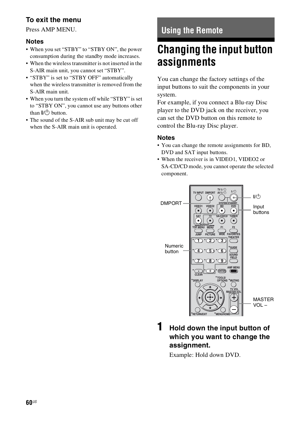 Using the remote, Changing the input button assignments, Example: hold down dvd | Sony 4-130-033-13(1) User Manual | Page 60 / 72