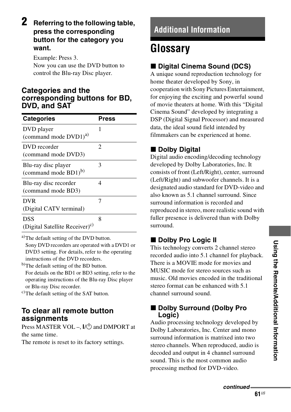 Additional information, Glossary | Sony 4-130-033-13(1) User Manual | Page 61 / 72