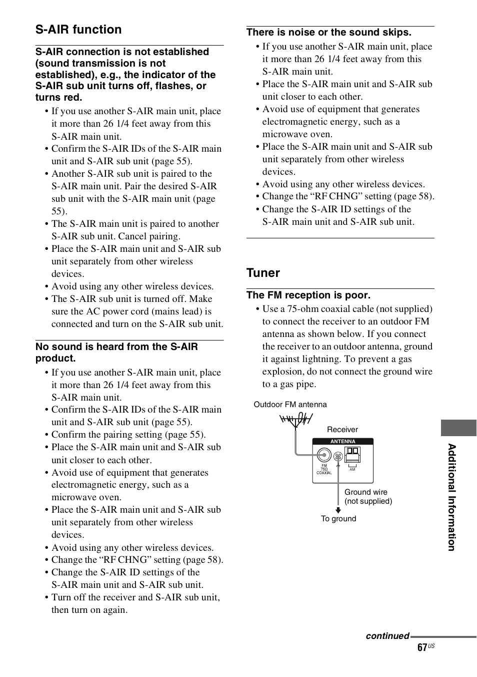 S-air function, Tuner | Sony 4-130-033-13(1) User Manual | Page 67 / 72