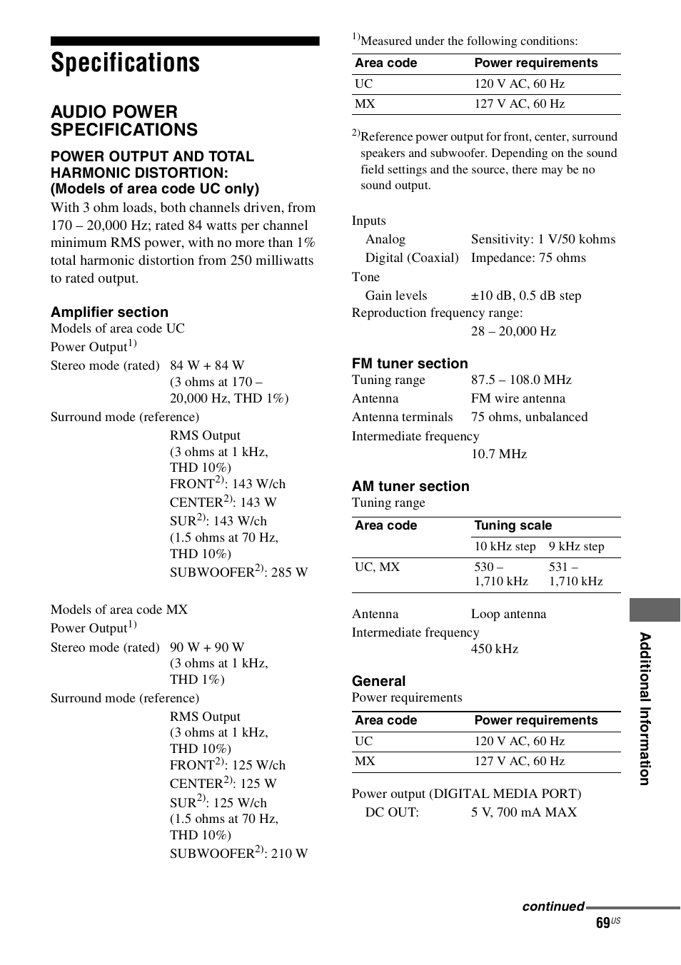 Specifications, Audio power specifications | Sony 4-130-033-13(1) User Manual | Page 69 / 72