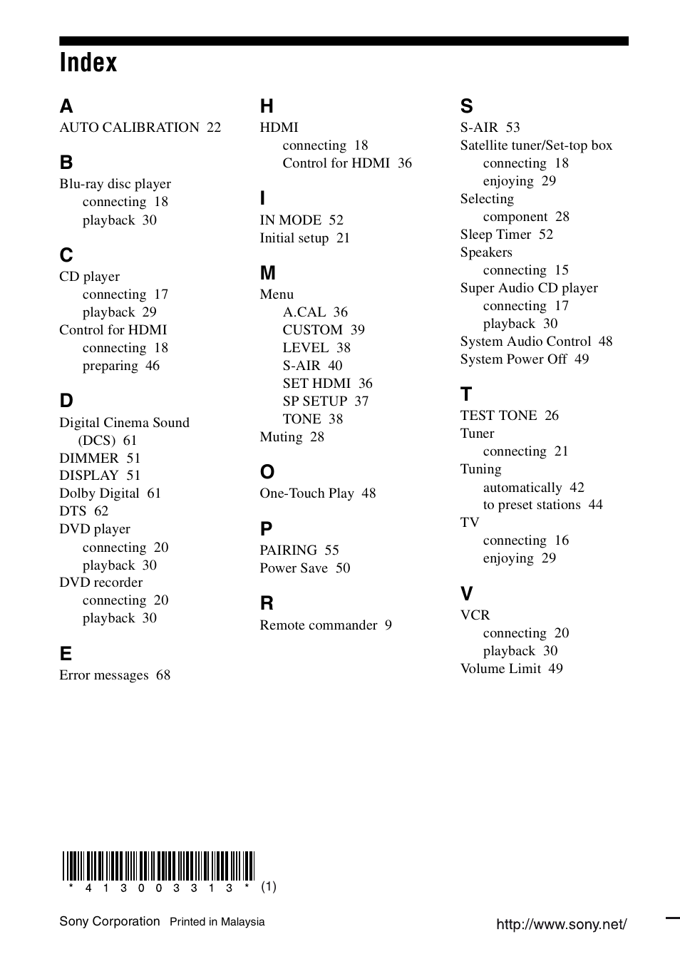 Index | Sony 4-130-033-13(1) User Manual | Page 72 / 72