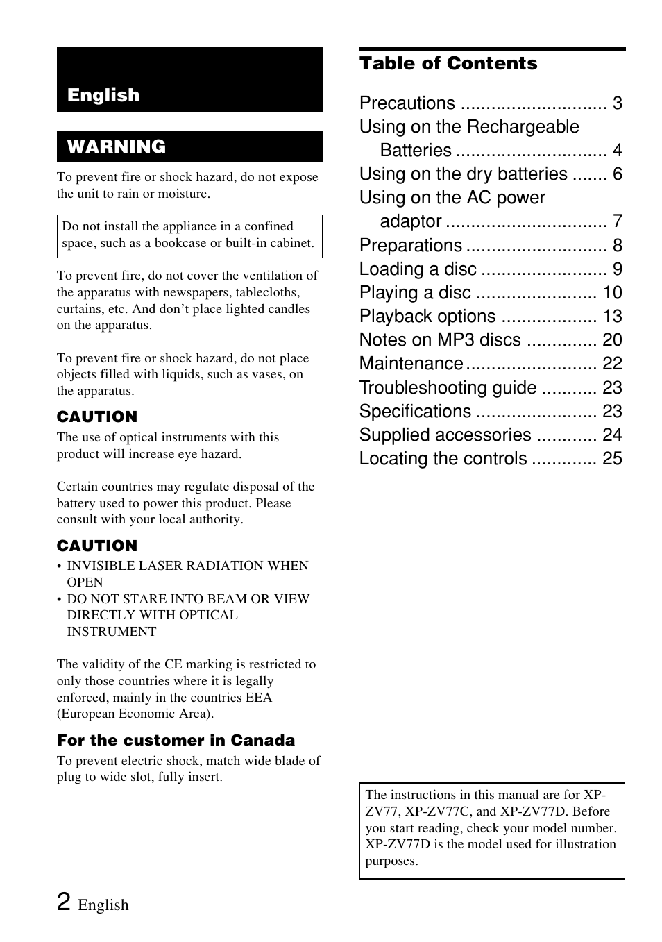 English warning | Sony XP-ZV77D User Manual | Page 2 / 28