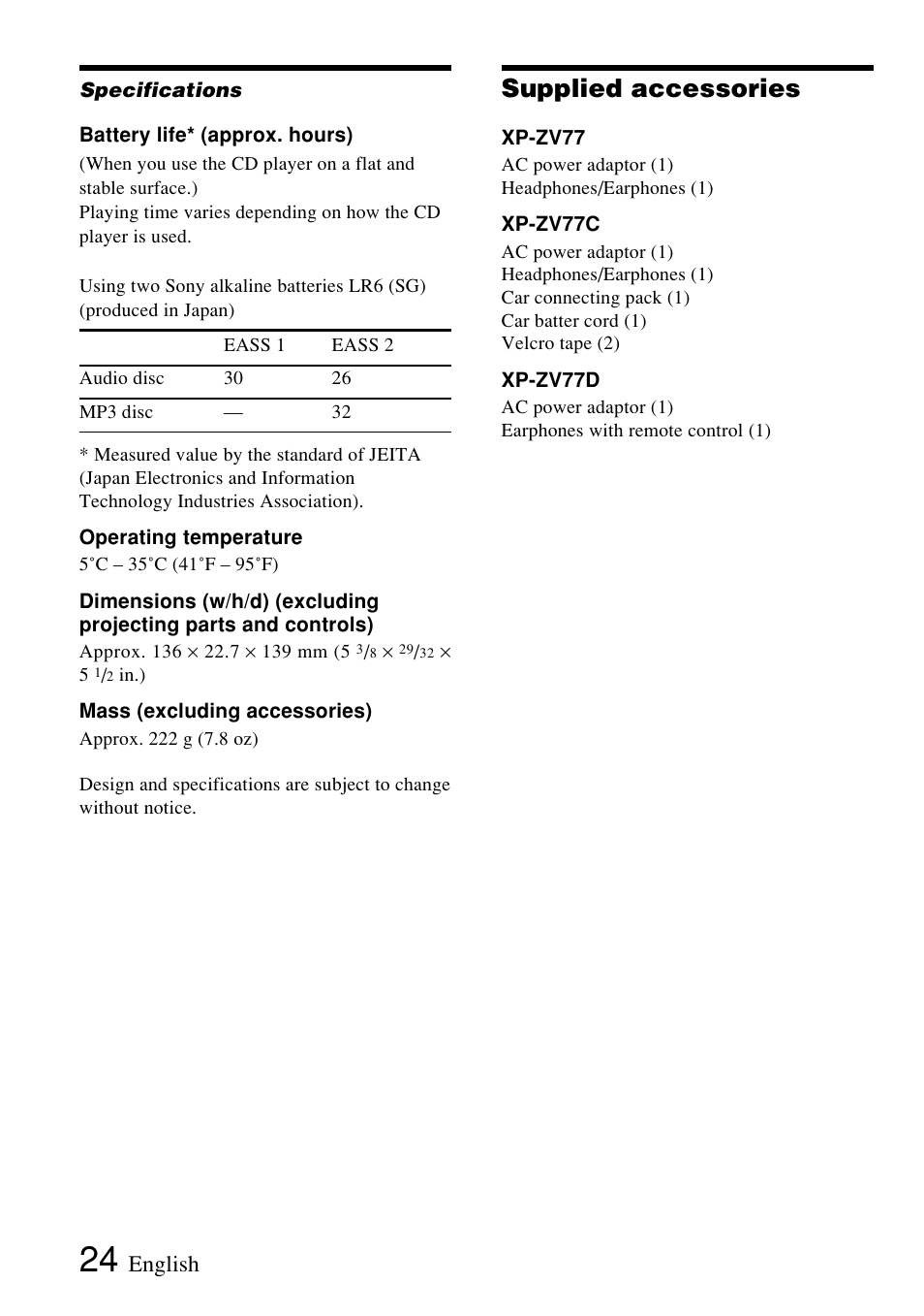 Supplied accessories, English | Sony XP-ZV77D User Manual | Page 24 / 28