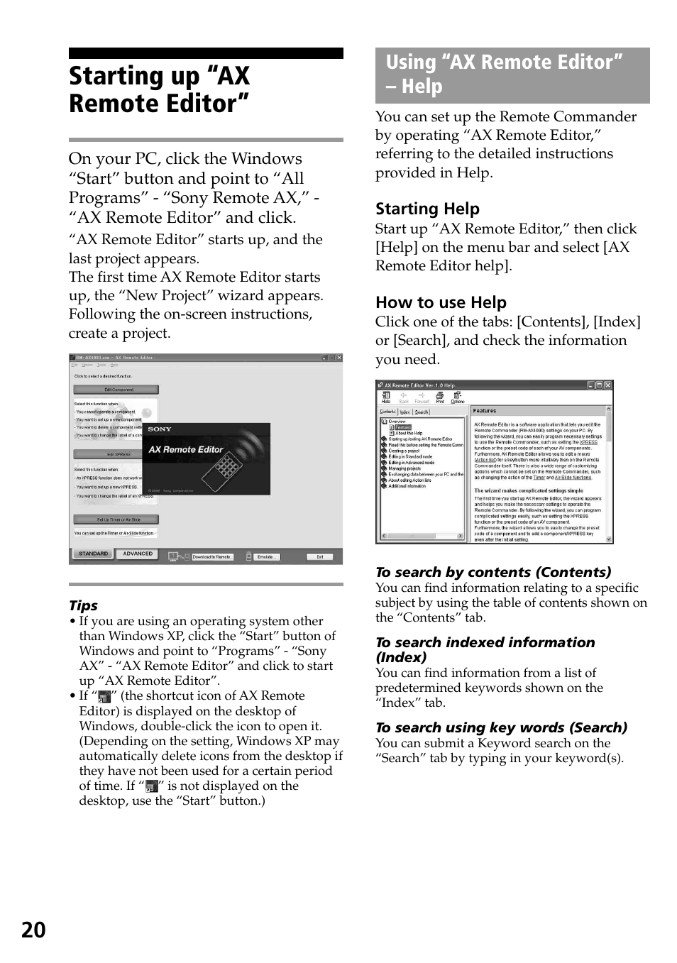 Starting up “ax remote editor, Using “ax remote editor” - help, Using “ax remote editor”– help | Using “ax remote editor” – help | Sony RM-AX4000 User Manual | Page 20 / 96