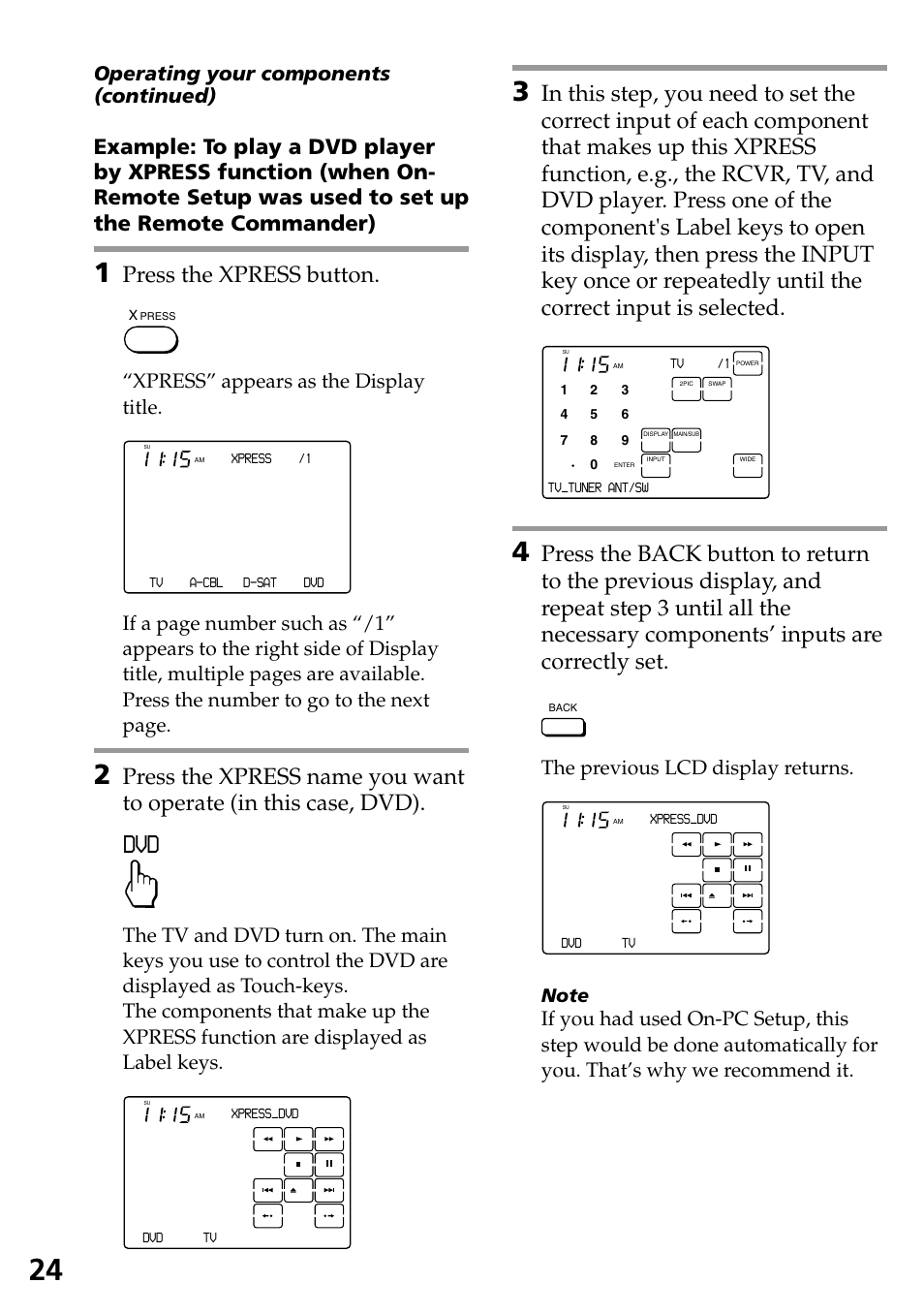 Press the xpress button, Xpress” appears as the display title, The previous lcd display returns | Sony RM-AX4000 User Manual | Page 24 / 96
