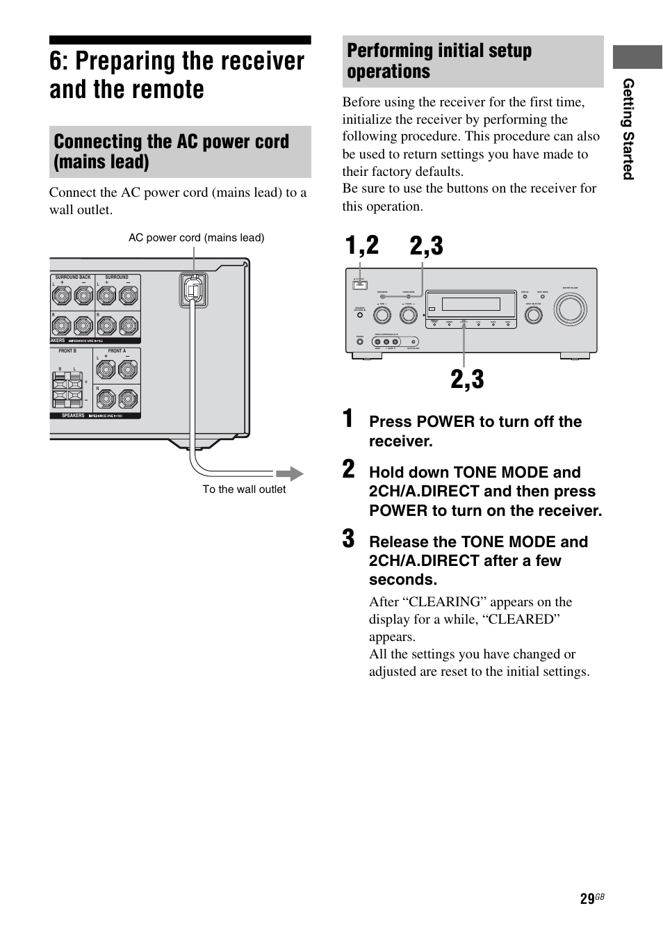 Preparing the receiver and the remote, E 29, Connecting the ac power cord (mains lead) | Performing initial setup operations, Press power to turn off the receiver, Ge tting star te d, Ac power cord (mains lead) to the wall outlet | Sony 3-289-450-44(1) User Manual | Page 29 / 100