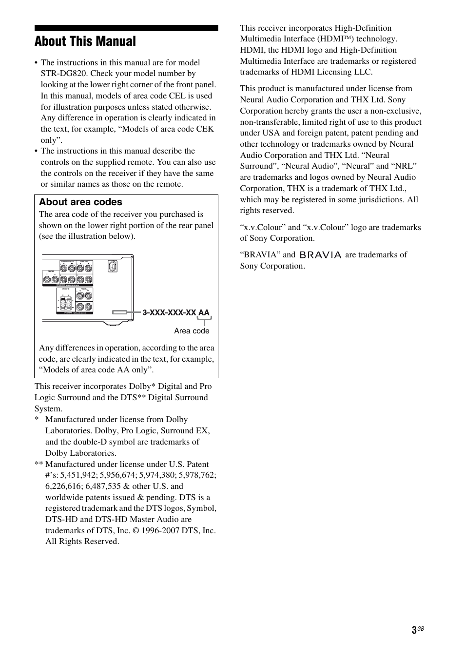 About this manual, About area codes | Sony 3-289-450-44(1) User Manual | Page 3 / 100