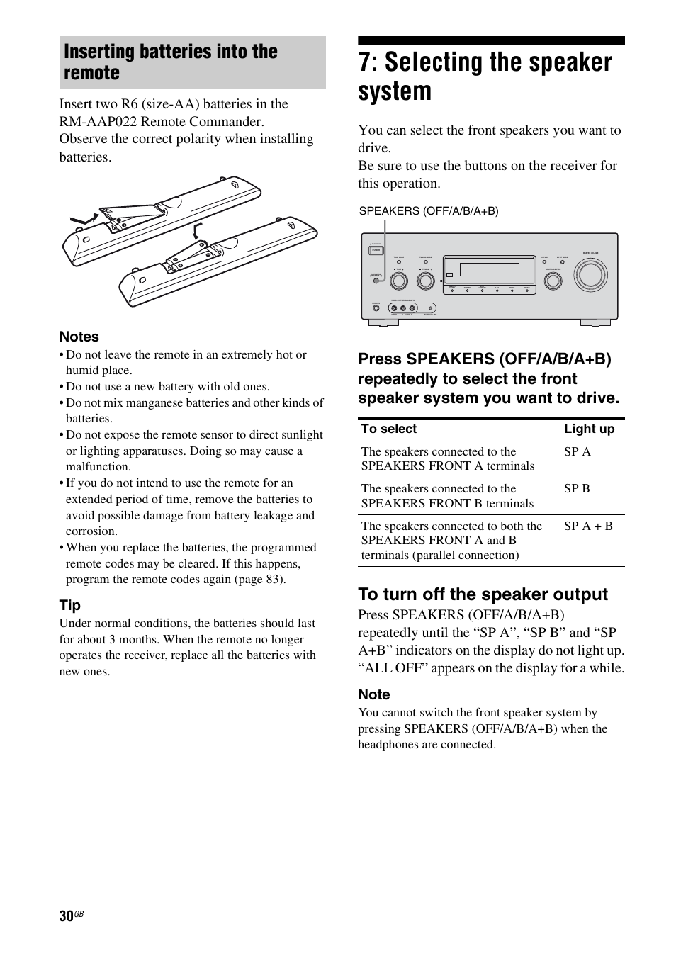 Selecting the speaker system, Inserting batteries into the remote | Sony 3-289-450-44(1) User Manual | Page 30 / 100