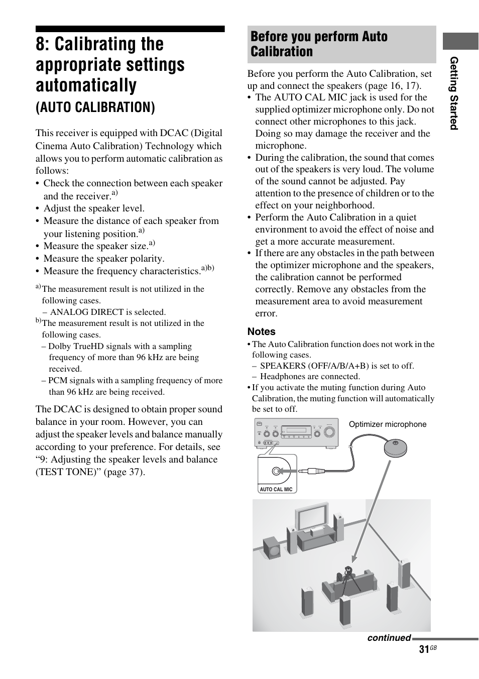Calibrating the appropriate settings, Automatically, Auto calibration) | Calibrating the appropriate settings automatically, Before you perform auto calibration | Sony 3-289-450-44(1) User Manual | Page 31 / 100