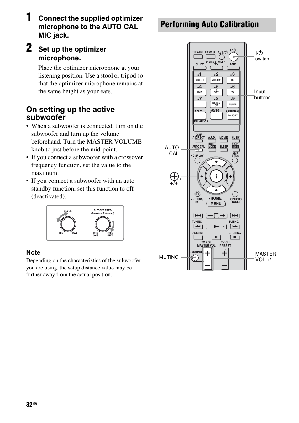 Performing auto calibration, On setting up the active subwoofer, Set up the optimizer microphone | Sony 3-289-450-44(1) User Manual | Page 32 / 100