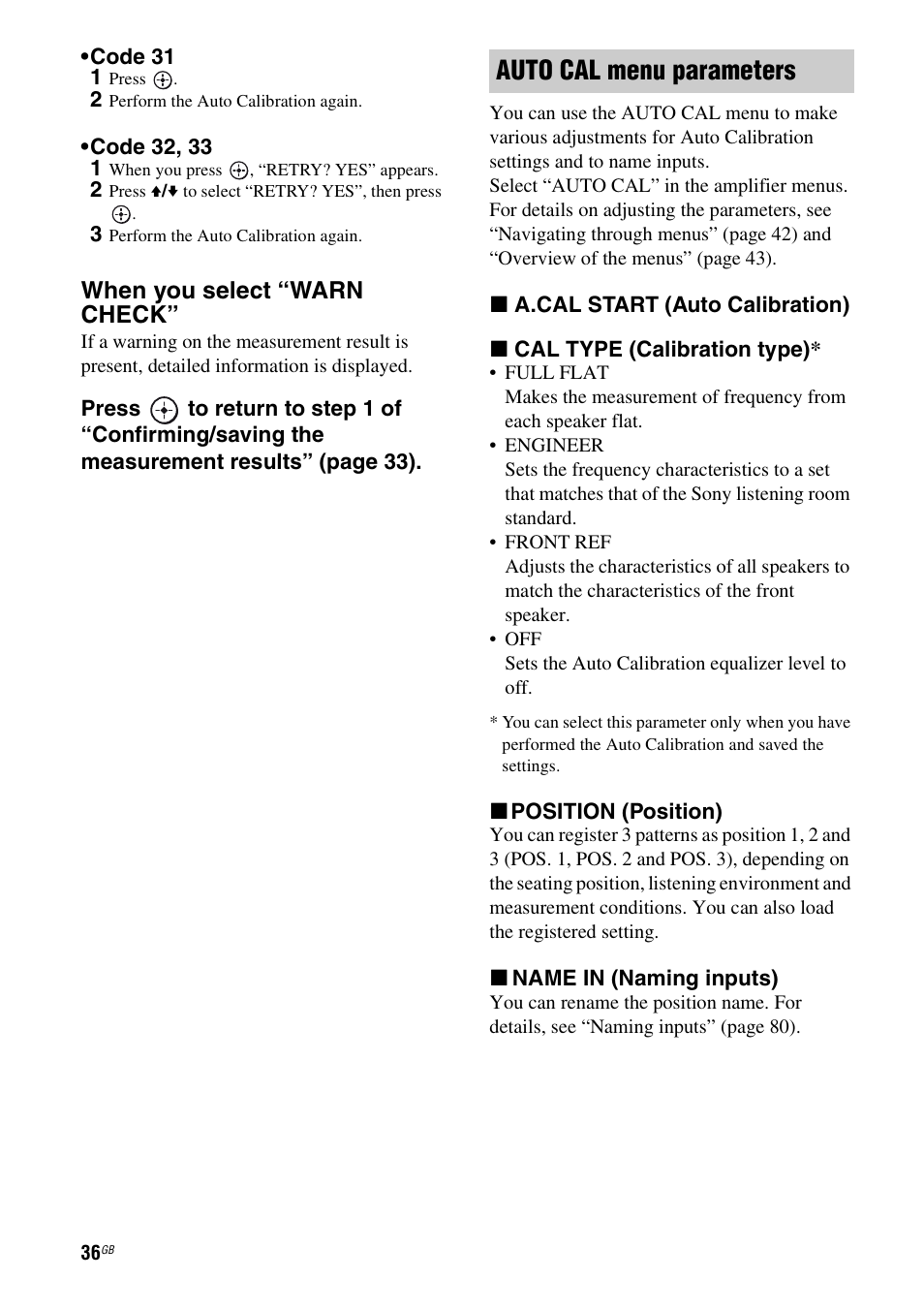 Auto cal menu parameters, When you select “warn check | Sony 3-289-450-44(1) User Manual | Page 36 / 100