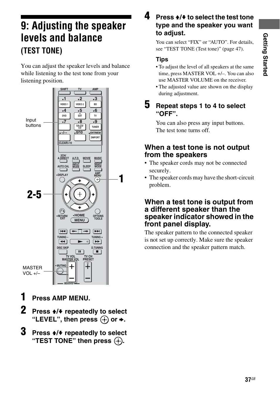 Adjusting the speaker levels and balance, Test tone), E 37 | When a test tone is not output from the speakers, Press amp menu, Repeat steps 1 to 4 to select “off, Ge tting star te d, Tips | Sony 3-289-450-44(1) User Manual | Page 37 / 100
