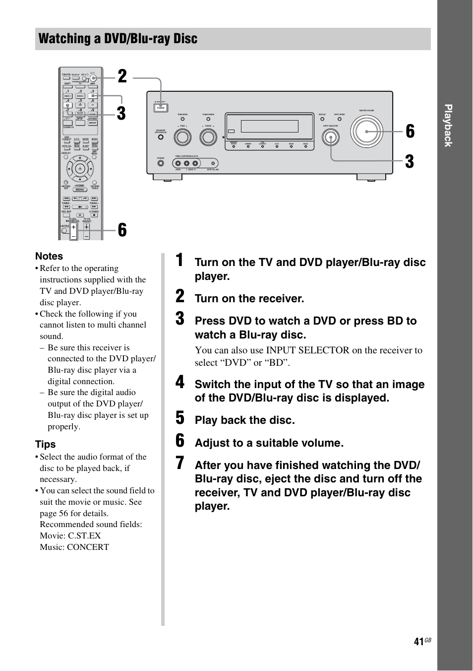 Watching a dvd/blu-ray disc, Turn on the tv and dvd player/blu-ray disc player, Turn on the receiver | Play back the disc, Adjust to a suitable volume, Play b a ck, Tips | Sony 3-289-450-44(1) User Manual | Page 41 / 100