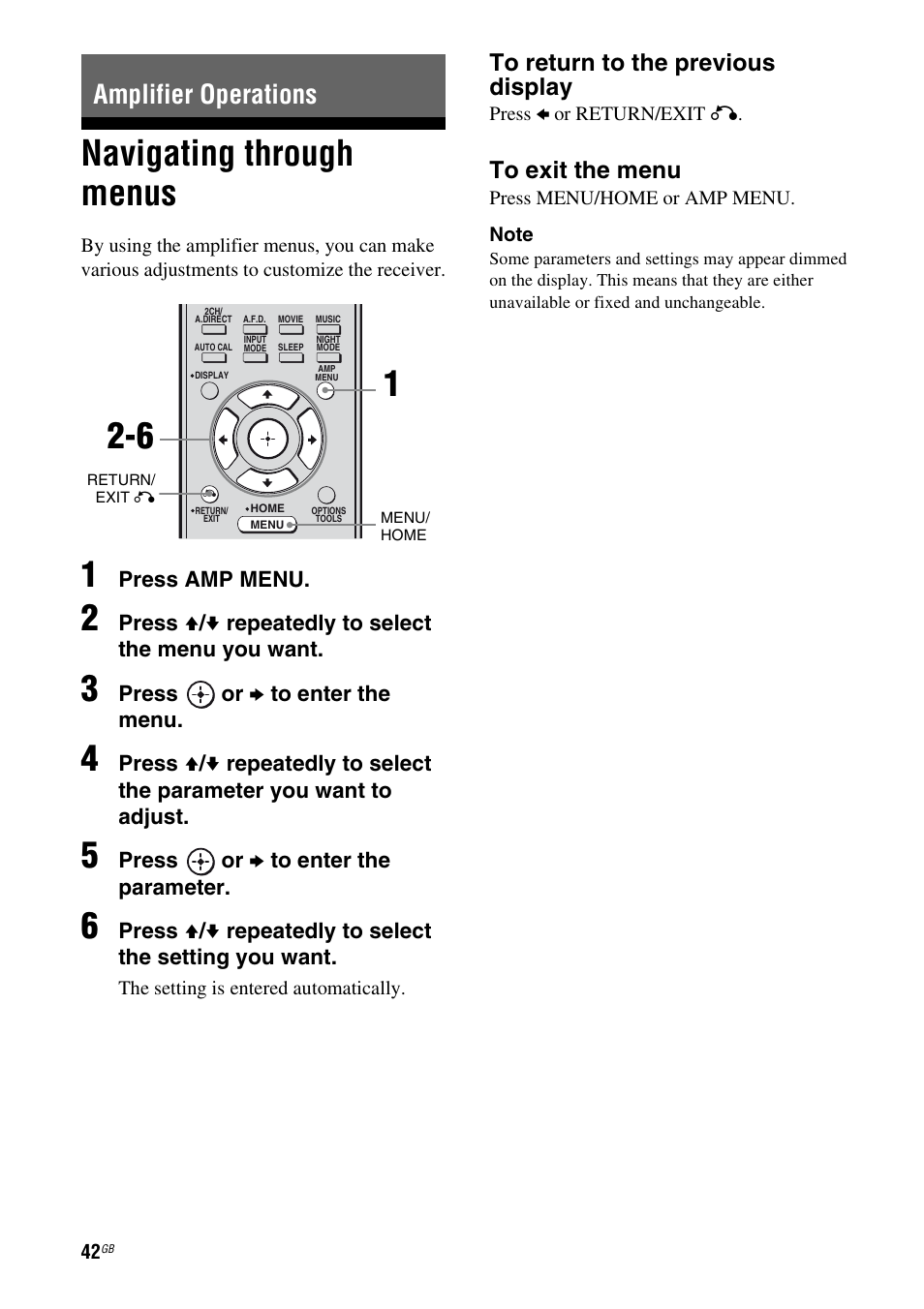 Amplifier operations, Navigating through menus | Sony 3-289-450-44(1) User Manual | Page 42 / 100