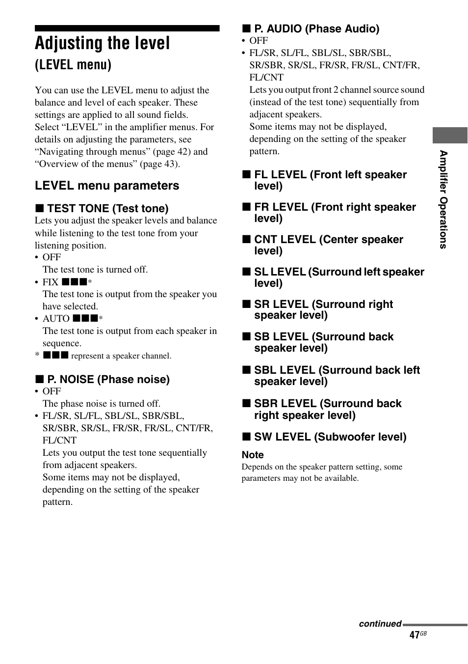 Adjusting the level (level menu), Adjusting the level, Level menu) | Sony 3-289-450-44(1) User Manual | Page 47 / 100