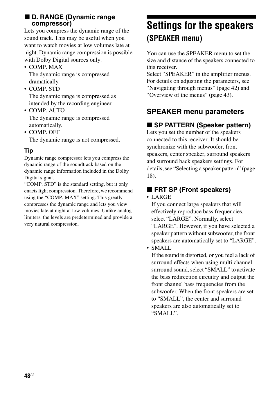Settings for the speakers (speaker menu), Settings for the speakers, Speaker menu) | Sony 3-289-450-44(1) User Manual | Page 48 / 100