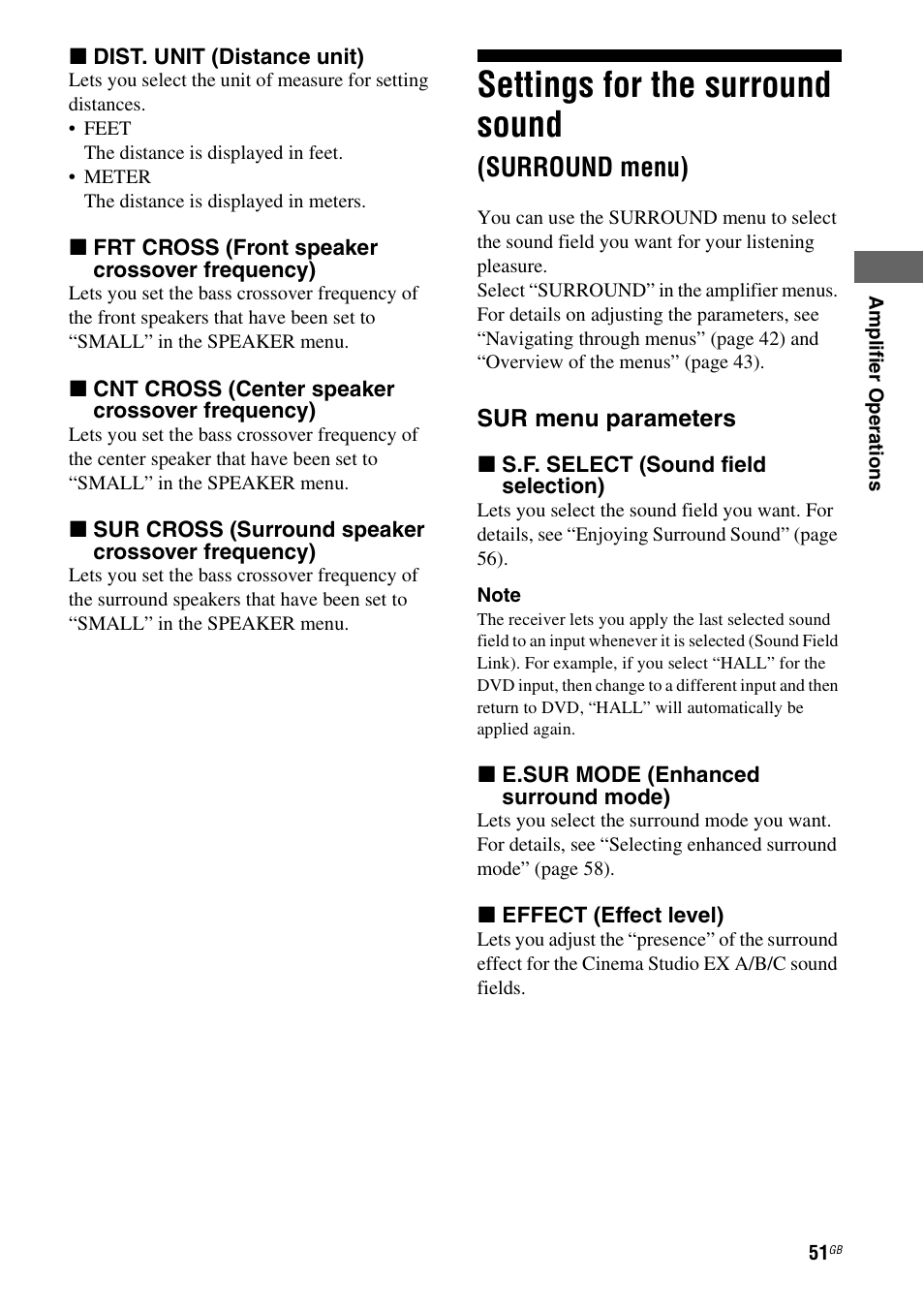 Settings for the surround sound (surround menu), Settings for the surround sound, Surround menu) | Sony 3-289-450-44(1) User Manual | Page 51 / 100
