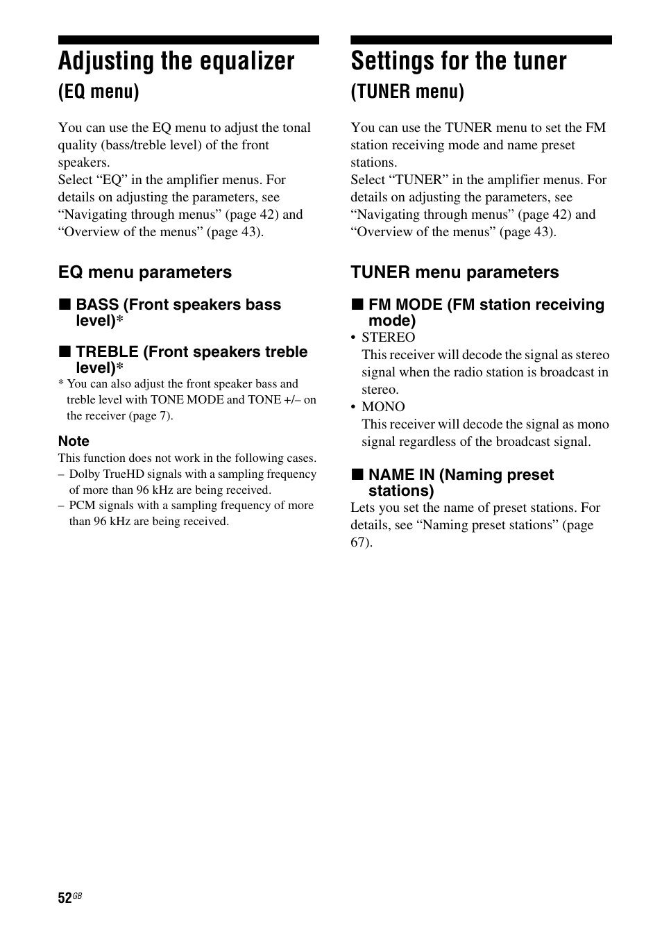 Adjusting the equalizer (eq menu), Settings for the tuner (tuner menu), Adjusting the equalizer | Settings for the tuner, Eq menu), Tuner menu) | Sony 3-289-450-44(1) User Manual | Page 52 / 100