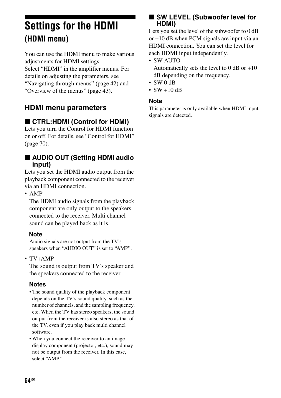 Settings for the hdmi (hdmi menu), Settings for the hdmi, Hdmi menu) | Hdmi menu parameters | Sony 3-289-450-44(1) User Manual | Page 54 / 100