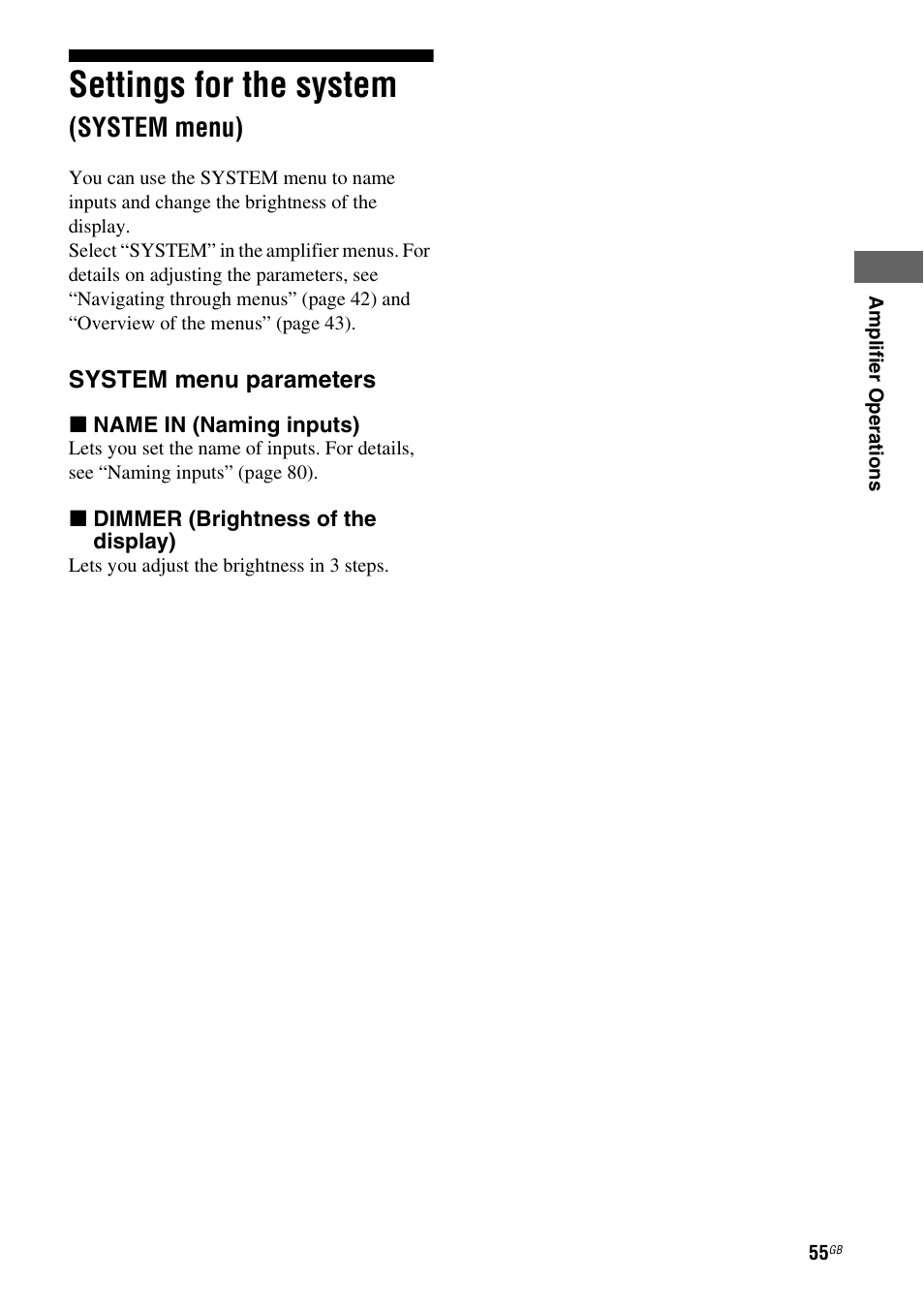Settings for the system (system menu), Settings for the system, System menu) | Sony 3-289-450-44(1) User Manual | Page 55 / 100