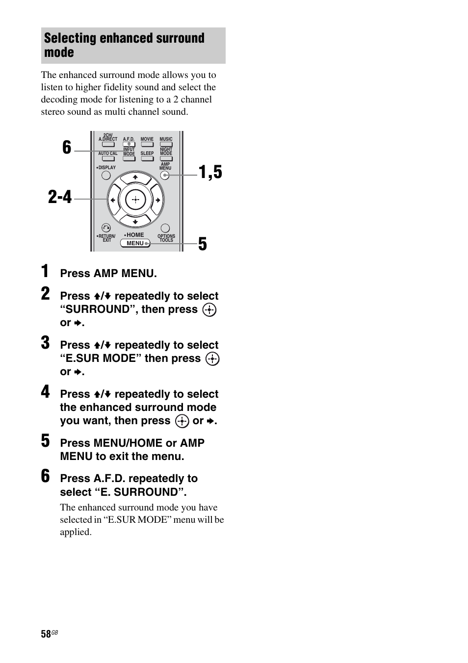 Selecting enhanced surround mode | Sony 3-289-450-44(1) User Manual | Page 58 / 100