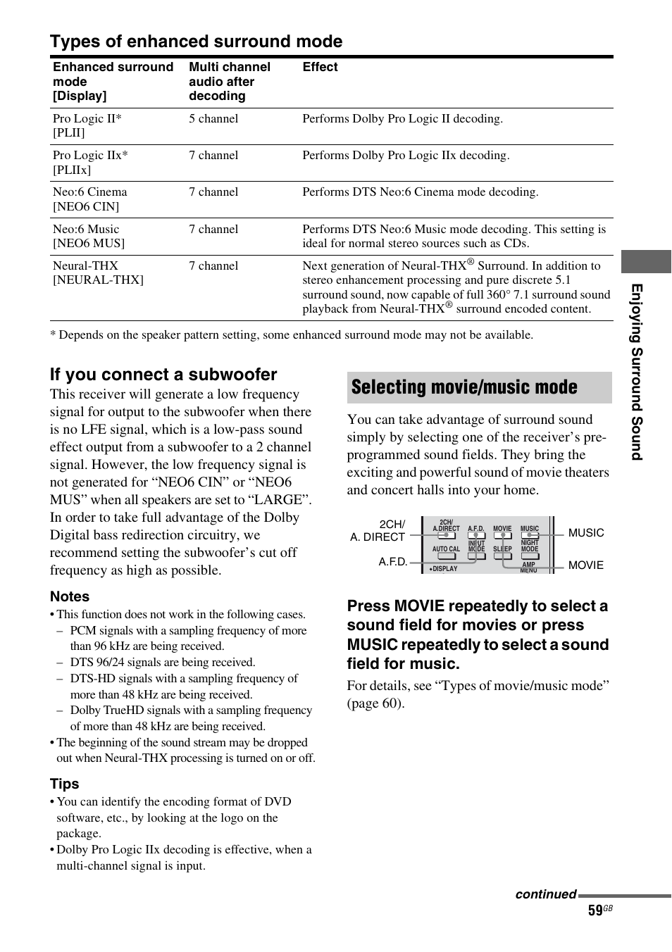 Selecting movie/music mode, Types of enhanced surround mode, If you connect a subwoofer | Sony 3-289-450-44(1) User Manual | Page 59 / 100