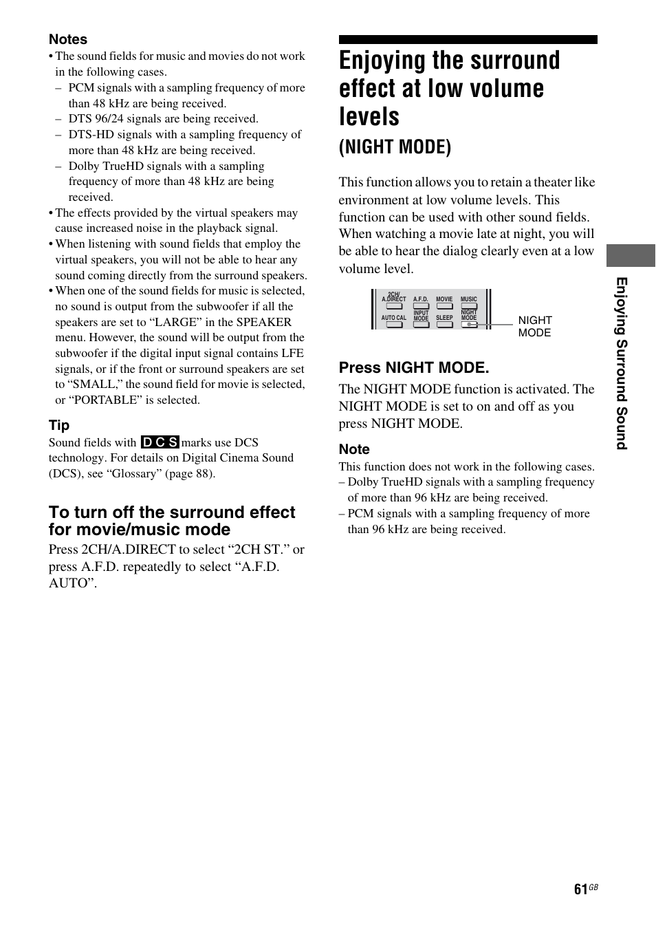 Enjoying the surround effect at low volume, Levels (night mode), Enjoying the surround effect at low volume levels | Night mode), Press night mode | Sony 3-289-450-44(1) User Manual | Page 61 / 100