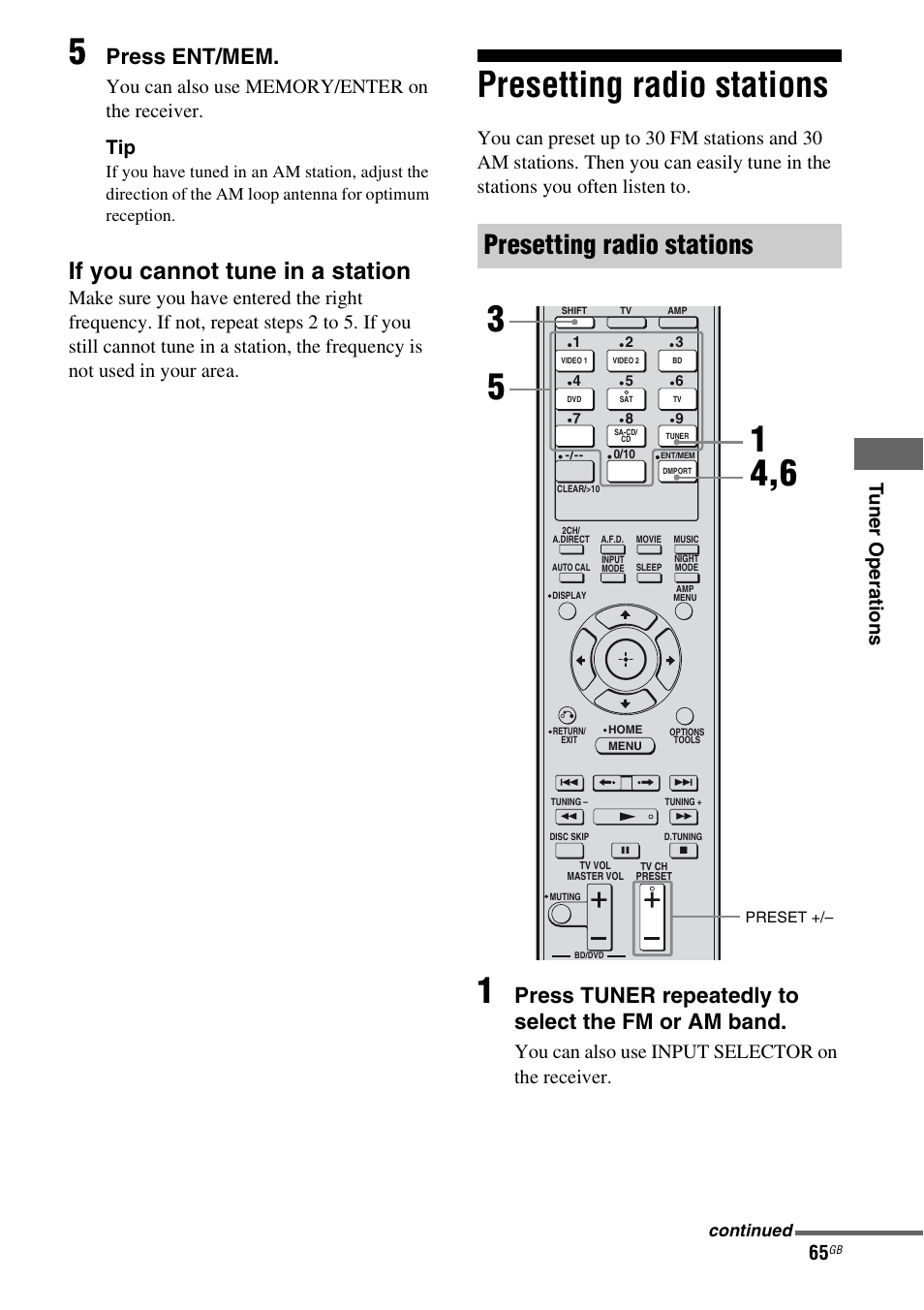 Presetting radio stations, If you cannot tune in a station, Press ent/mem | Press tuner repeatedly to select the fm or am band, You can also use input selector on the receiver | Sony 3-289-450-44(1) User Manual | Page 65 / 100