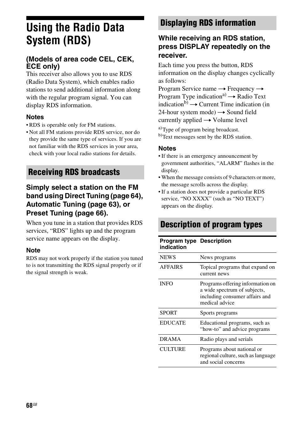 Using the radio data system (rds), Models of area code cel, cek, ece only) | Sony 3-289-450-44(1) User Manual | Page 68 / 100