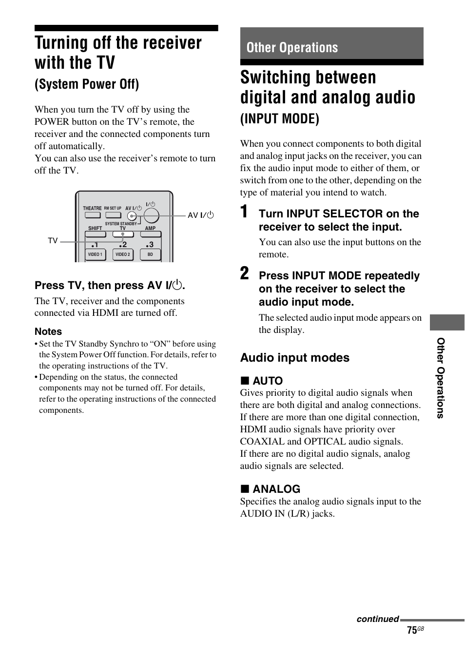 Other operations, Turning off the receiver with the tv, System power off) | Switching between digital and analog audio, Input mode), Audio input modes | Sony 3-289-450-44(1) User Manual | Page 75 / 100