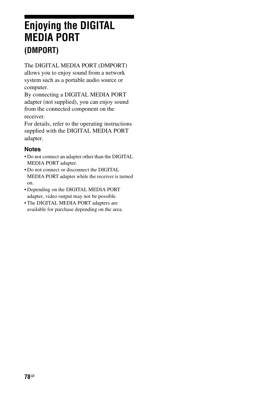 Enjoying the digital media port (dmport), Enjoying the digital media port, Dmport) | Sony 3-289-450-44(1) User Manual | Page 78 / 100