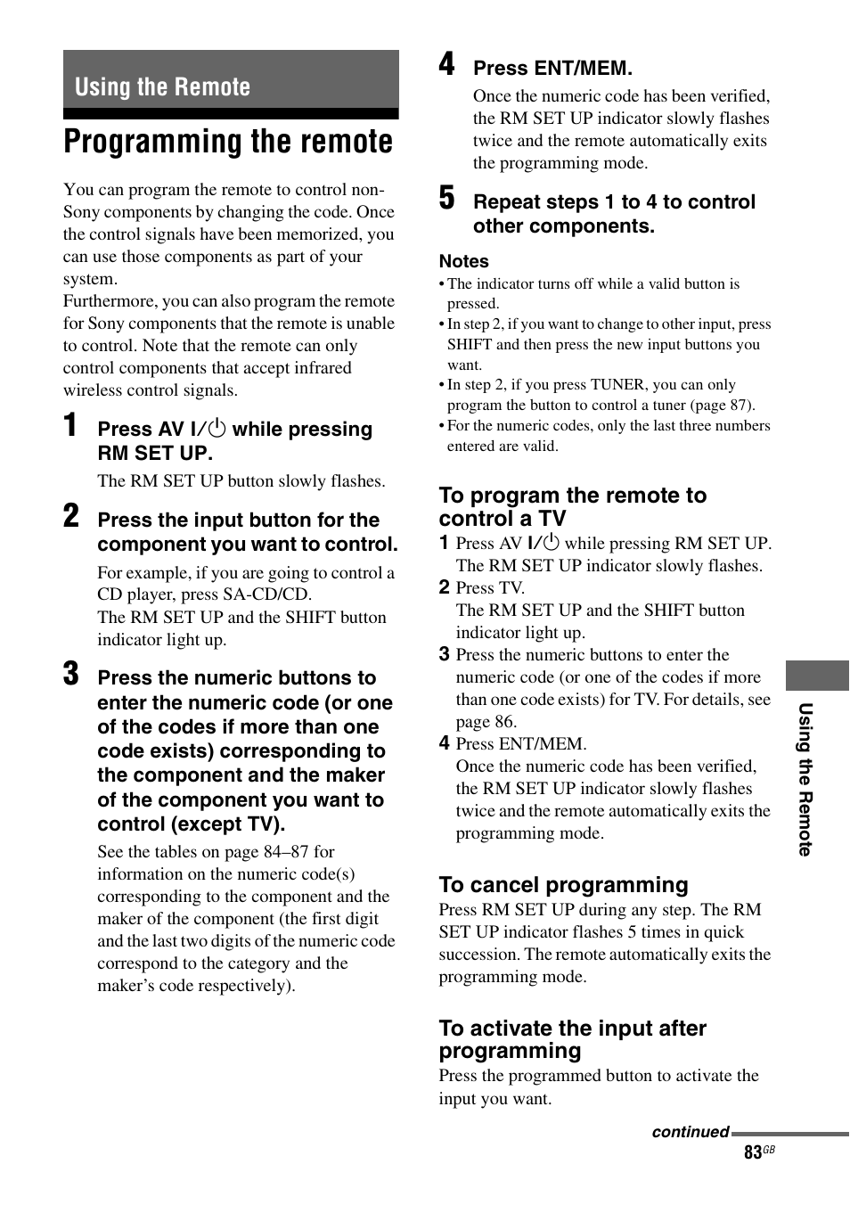 Using the remote, Programming the remote | Sony 3-289-450-44(1) User Manual | Page 83 / 100