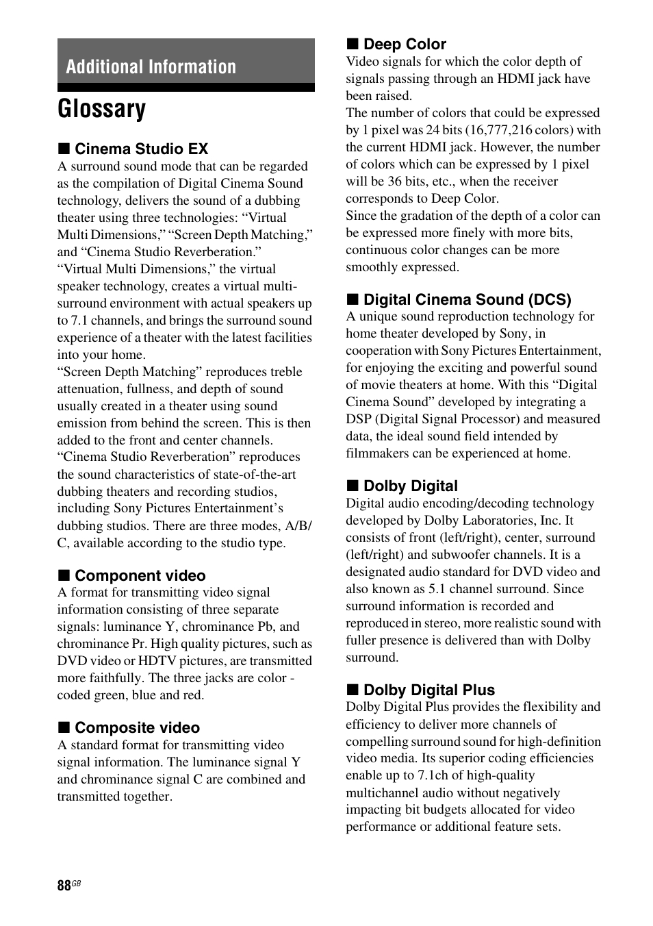 Additional information, Glossary | Sony 3-289-450-44(1) User Manual | Page 88 / 100